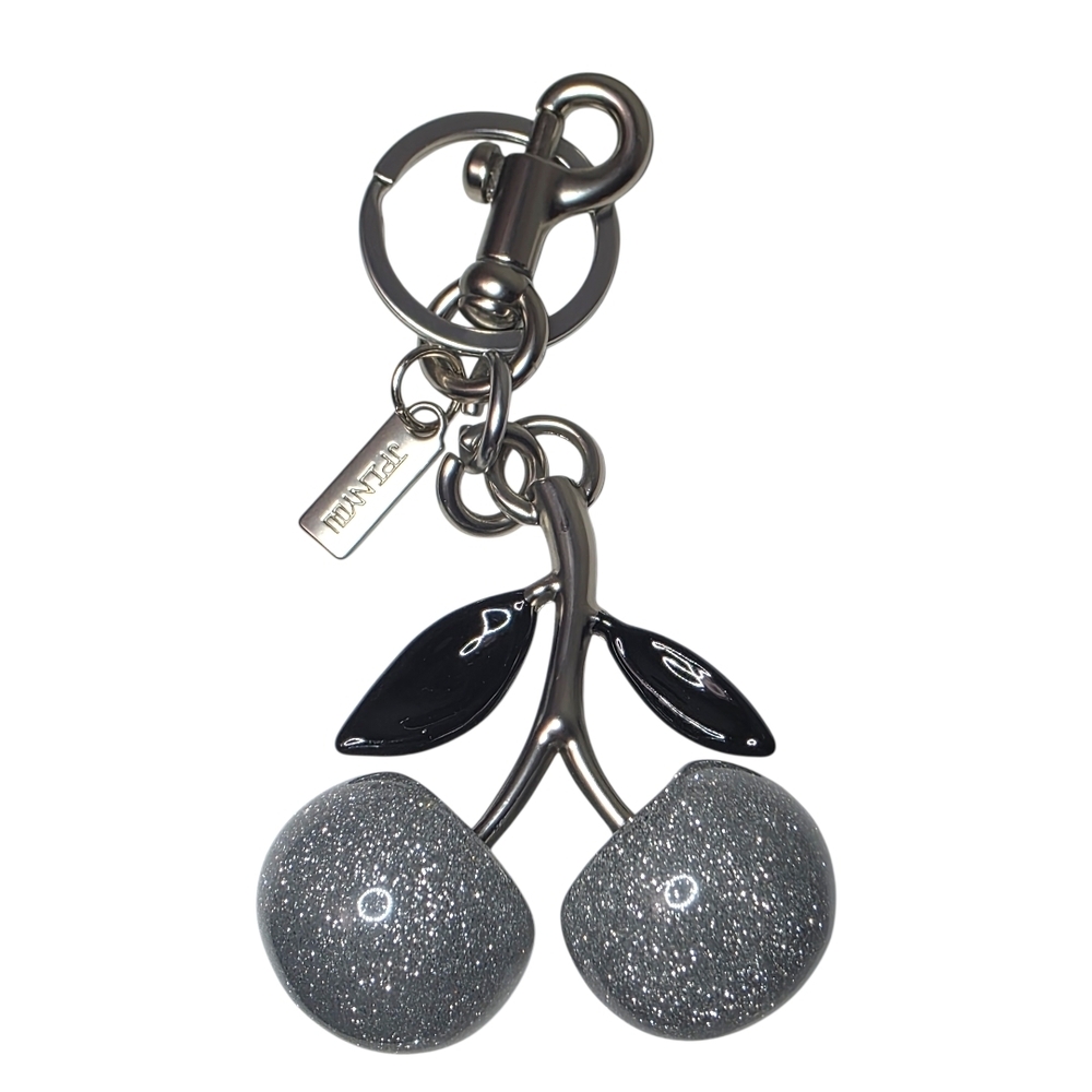 Silver Glitter Cherry Purse Charm with Black Leaf Detail Silver Matte Hardware